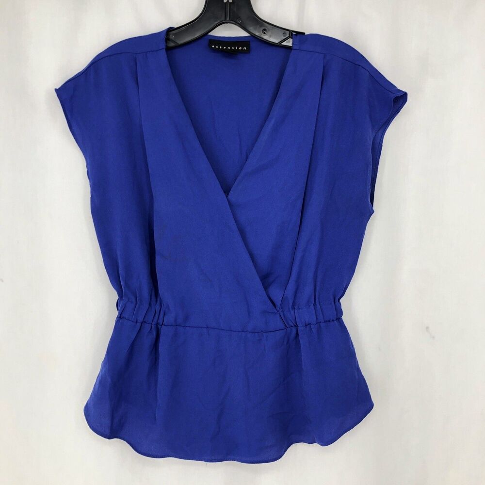 Attention Blue V Neck Elastic Waist Shirt Blue